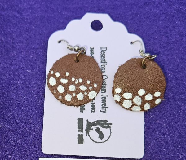 Approximately 1 3/8 inch round leather circles with white dots mixed metal findings.