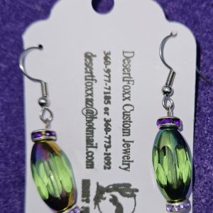 Approximately 1½ inch clear multicolored faceted with color changes with purple silver findings stainless steel ear wires.