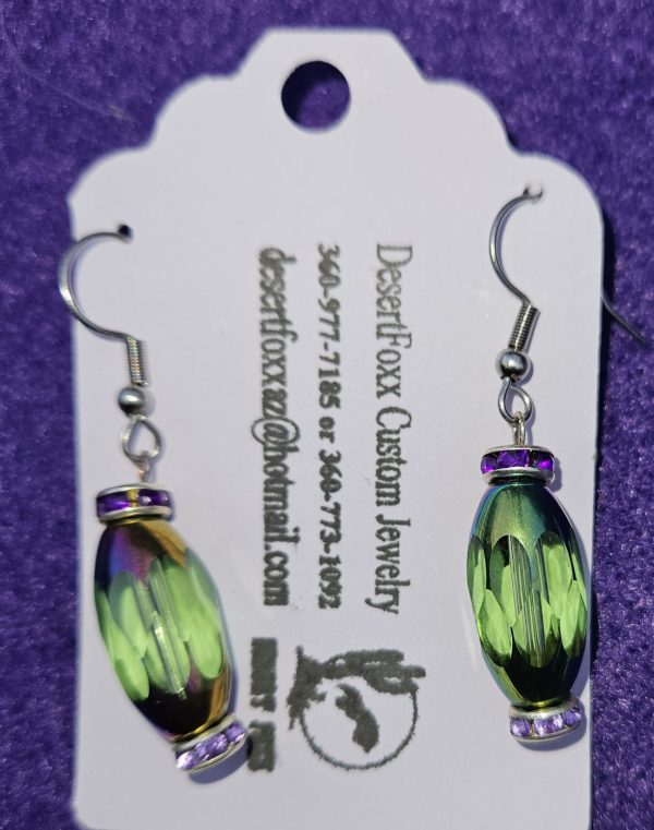 Approximately 1½ inch clear multicolored faceted with color changes with purple silver findings stainless steel ear wires.