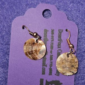 Approximately 1 ¼ inch with round shells and brown and pink designs with copper ear wires.