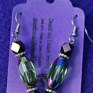 Crystal beads with purple and green opulent clear beads with silver findings 2 1/2 inches long.