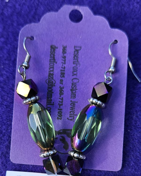 Crystal beads with purple and green opulent clear beads with silver findings 2 1/2 inches long.