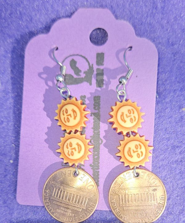 Approximately 2 inches copper penny with smiling sun faces and silver stainless ear wires.