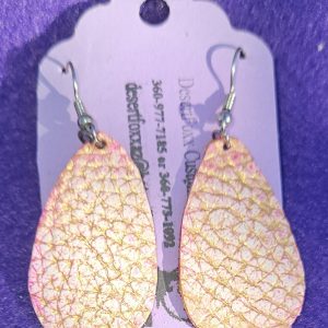 Approximately 1 3/8 inch long pink leather teardrop with opulent gold shiny texture with stainless ear wires.