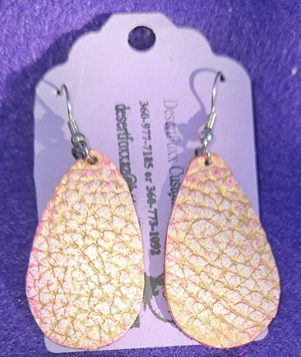 Approximately 1 3/8 inch long pink leather teardrop with opulent gold shiny texture with stainless ear wires.