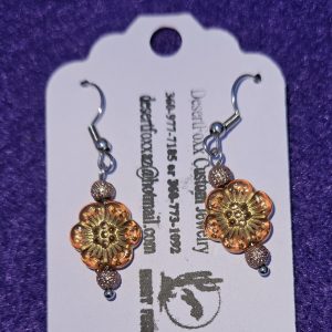 Approximately 1 3/8 inch long. Small golden flowers with copperish textured beads