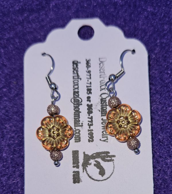 Approximately 1 3/8 inch long. Small golden flowers with copperish textured beads