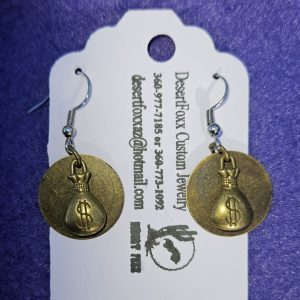 Approximately 1 3/8 inch long. Brass circle disks with brass money bag findings and stainless ear wires.