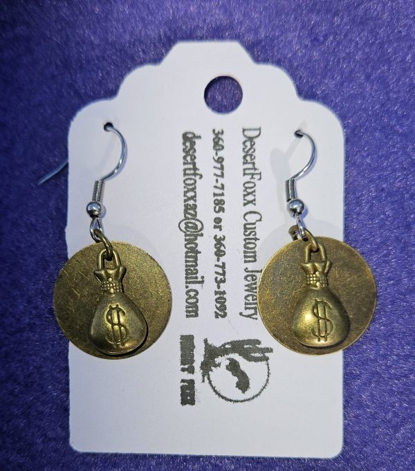 Approximately 1 3/8 inch long. Brass circle disks with brass money bag findings and stainless ear wires.