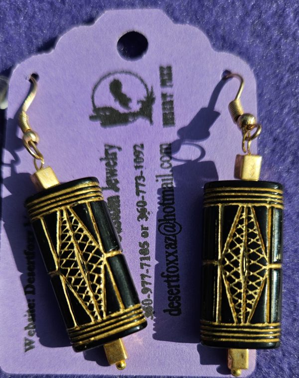 Approx. 1 3/8 Black and gold beads with gold ear wires and gold findings