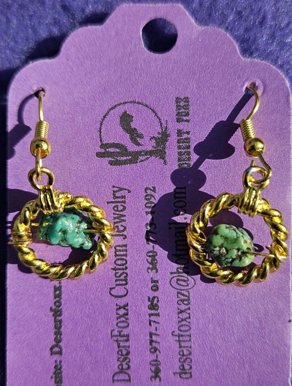 Approx. 1 1/4 inch Gold Twisted circles with turquoise chips with Gold ear wires.
