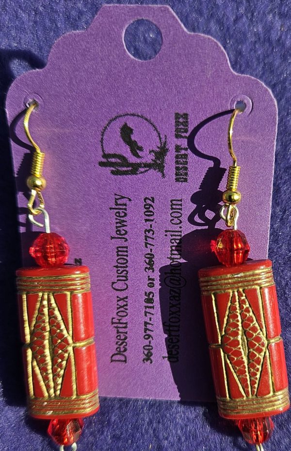 Approx. 2 1/8 inch Red and Gold Beads with Red Crystals and Gold earwires.