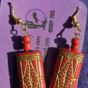 Aprox. 2 1/8 inch Red and Gold Bead with two Red top beads and gold ear wires.