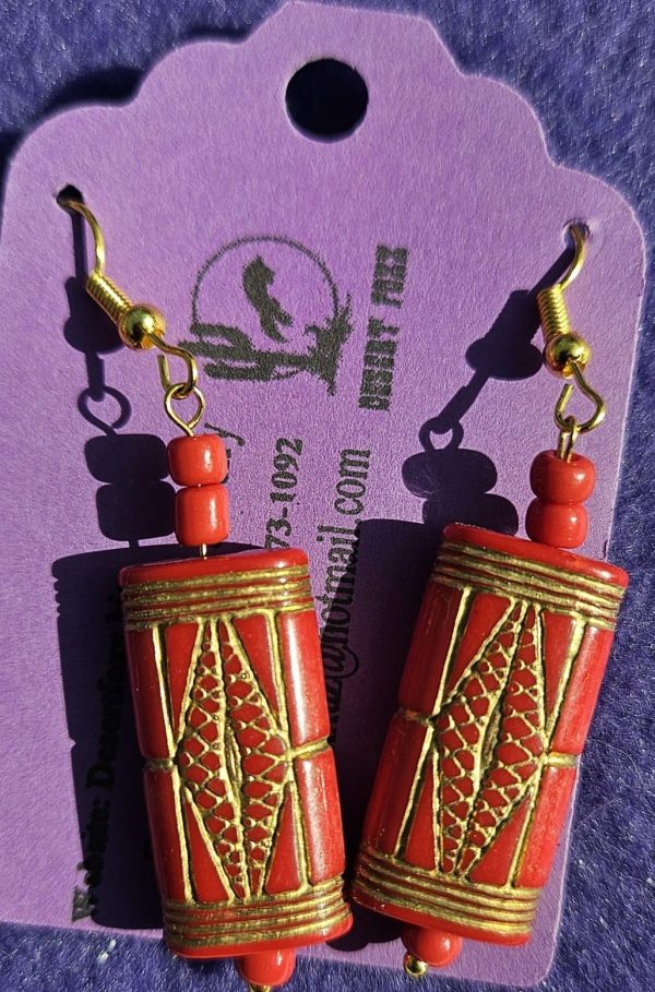 Aprox. 2 1/8 inch Red and Gold Bead with two Red top beads and gold ear wires.