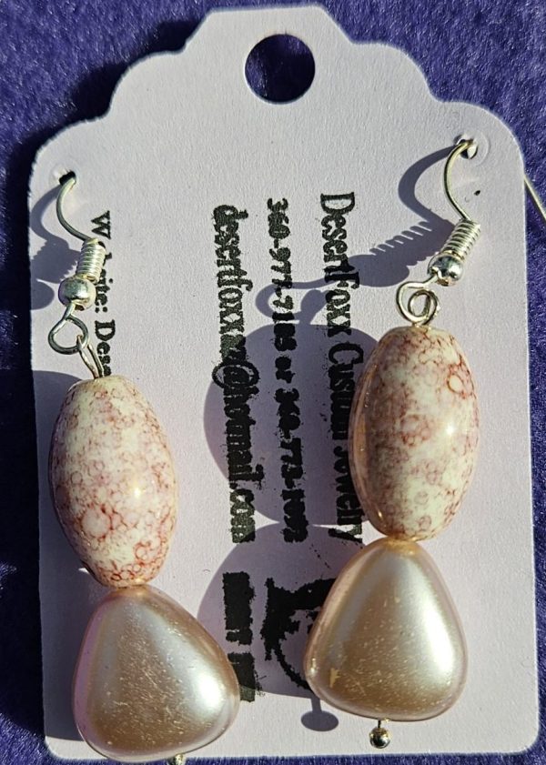 Approx. 2 inches Two Beads, Pink Pearl in color with Pink and White Brocade Beads and Silver findings.