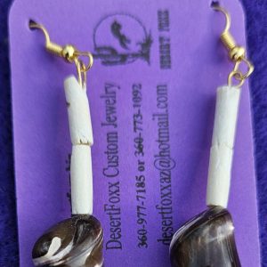 Approx. 2 inches, Brown and White Bead with 2 long cream colored beads with Gold ear wires.