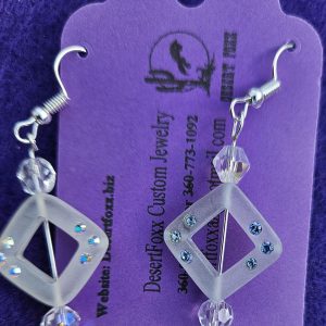 Approx. 2 inches, White see-through square beads with crystals and rhinestones with silver ear wires.