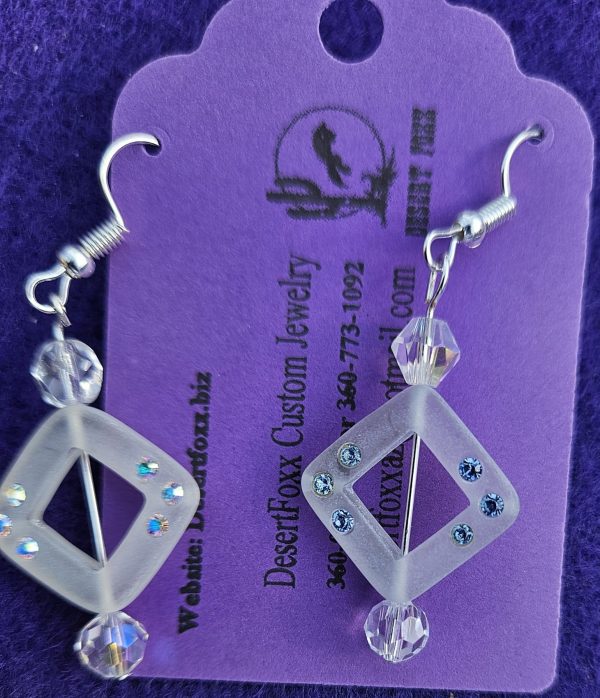 Approx. 2 inches, White see-through square beads with crystals and rhinestones with silver ear wires.