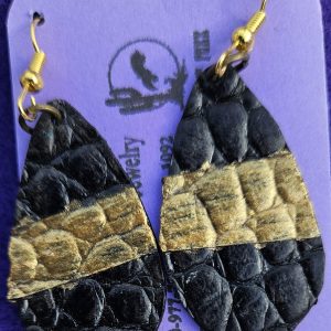 Hand Painted Black and Gold dyed Leather with gold ear wires.
