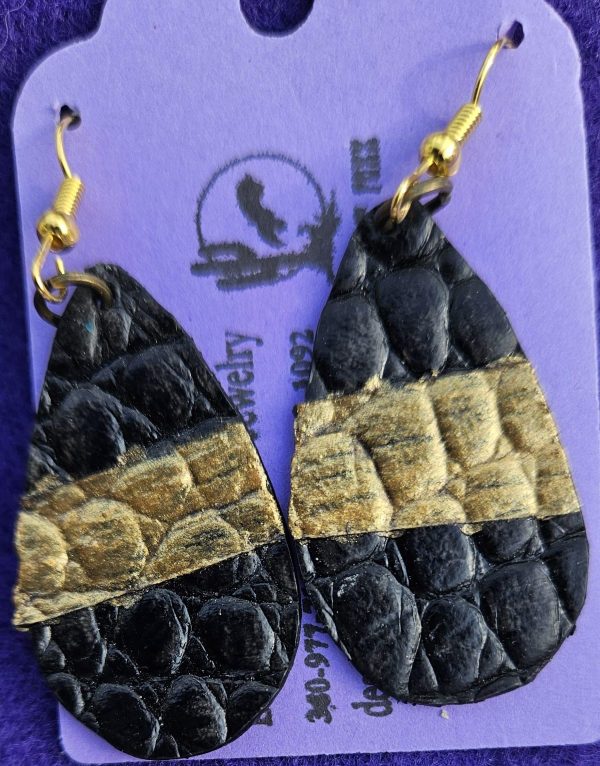 Hand Painted Black and Gold dyed Leather with gold ear wires.