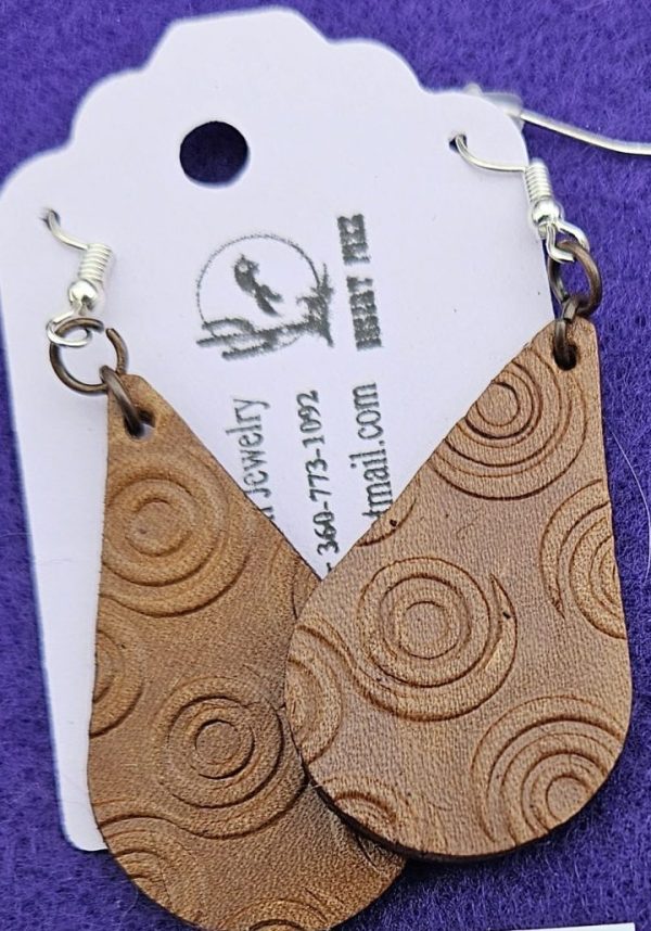 Approx. 2 ¼ inches, Tear Drop of Leather with Leather Tooling Hand Dyed Brown.