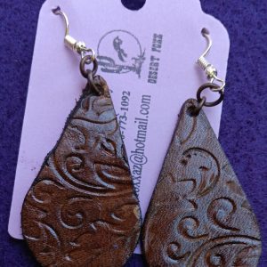 Approx. 2 5/8 inches, Teardrop hand dyed leather brocade earring with mixed metals.