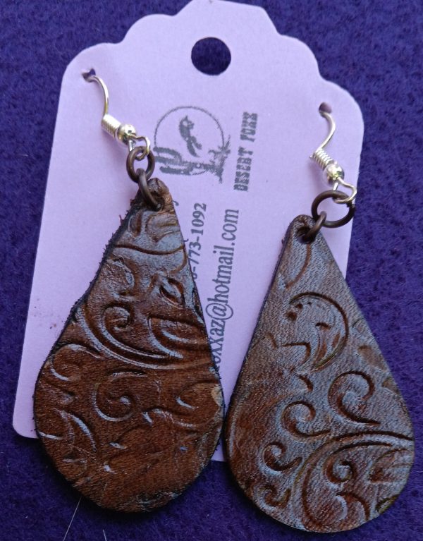 Approx. 2 5/8 inches, Teardrop hand dyed leather brocade earring with mixed metals.