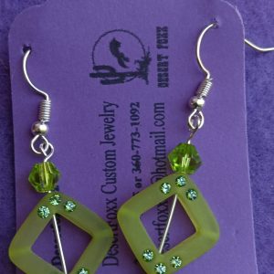 Approx. 1 1/2 inches Green square bead with green see-through beads with green crystal beads and silver findings.