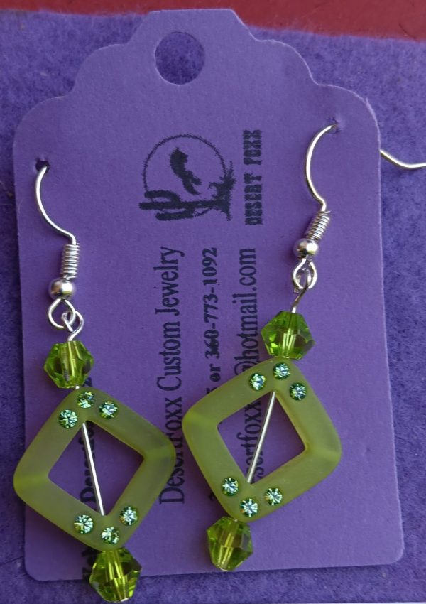 Approx. 1 1/2 inches Green square bead with green see-through beads with green crystal beads and silver findings.