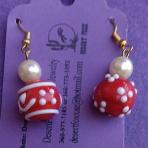 Approx 1 5/8 inches Red and white round beads with semi pearls with gold findings.
