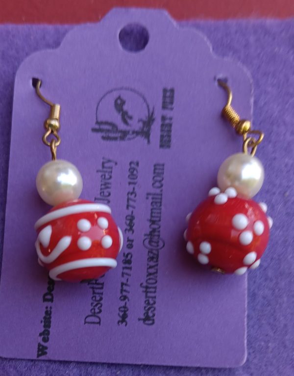 Approx 1 5/8 inches Red and white round beads with semi pearls with gold findings.