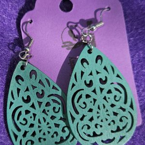 Approx. 2 5/8 inches, Green brocade wooden earrings with silver ear wires. 23.99