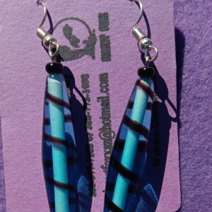 Approx. 2 1/2 inches, Long blue bead with blak stripes and black small beads with silver ear wires. 24.99