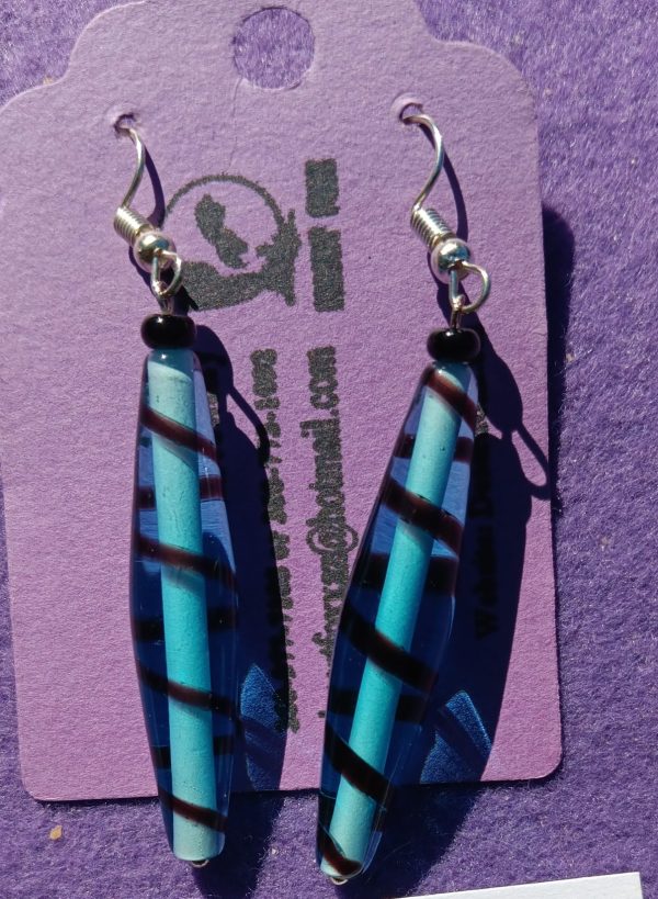 Approx. 2 1/2 inches, Long blue bead with blak stripes and black small beads with silver ear wires. 24.99