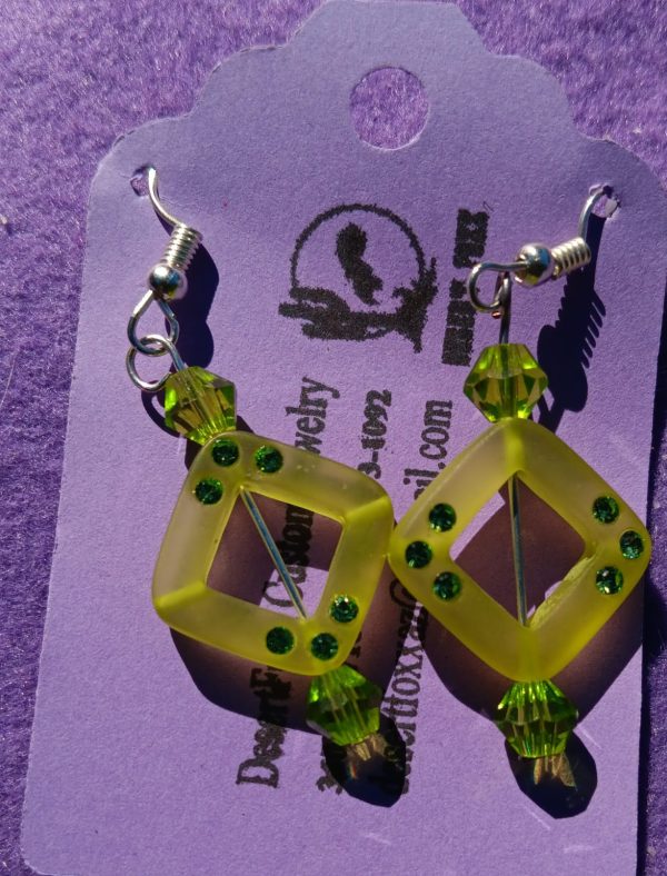Approx. 2 inches, Square shaped beads with green rhinestones and silver ear wires. 22.00